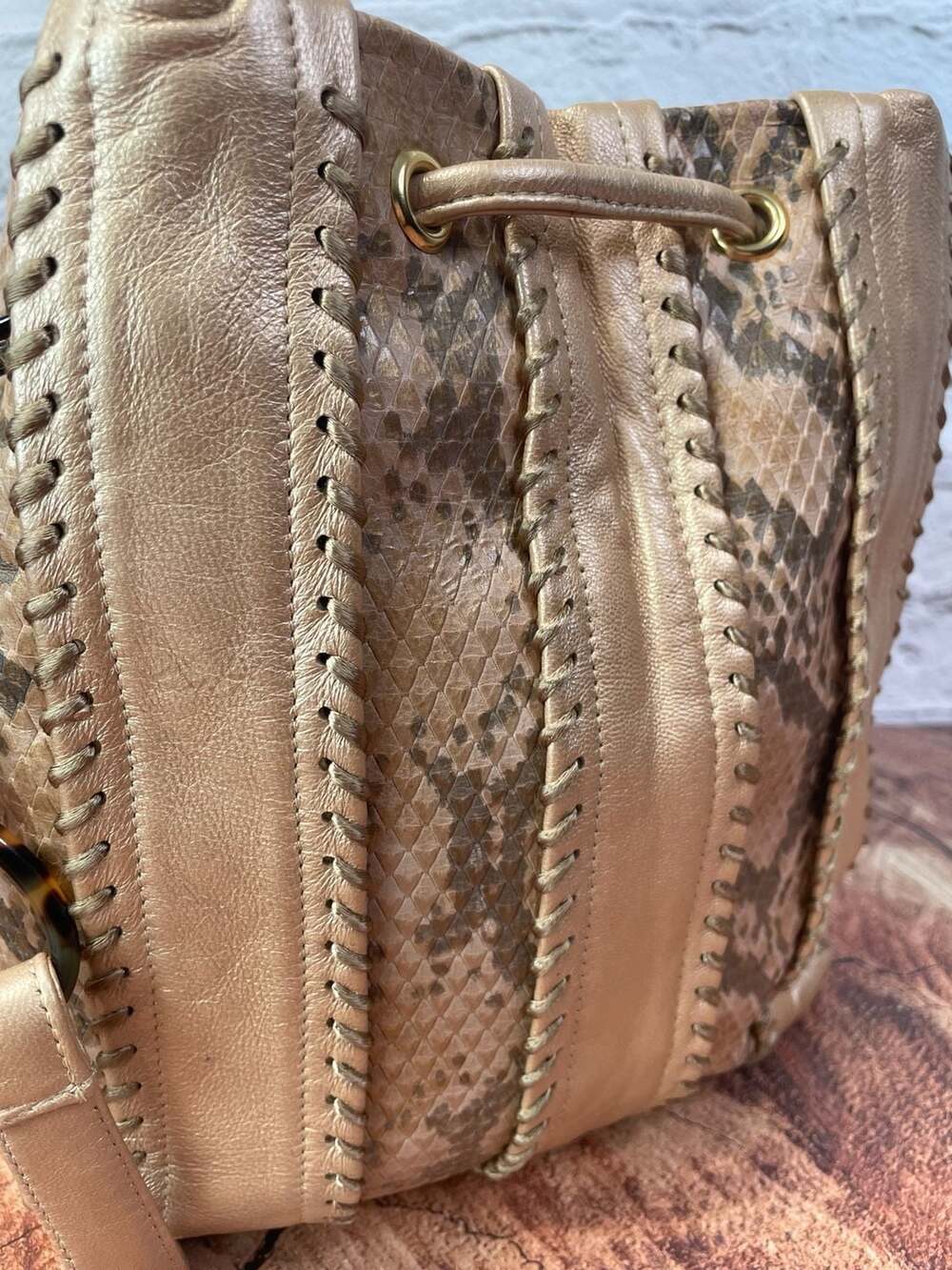 Sharif Python Print Metallic Gold Leather Drawstring Bucket Bag - Picture 8 of 9